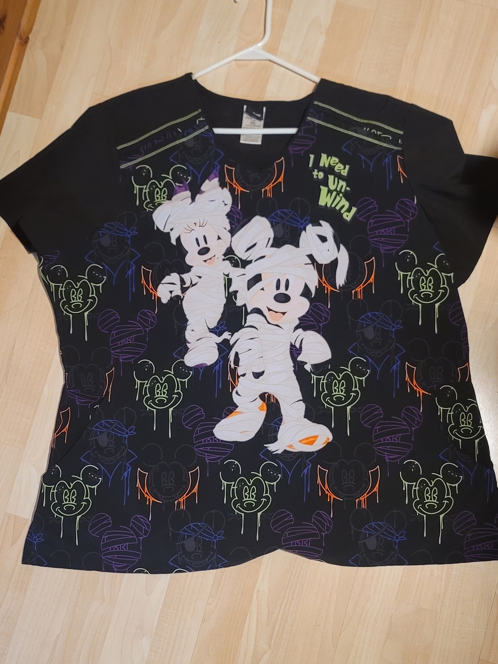 Disney Black Mickey & Minnie Mummy Graphic Scrub Top with Neon Accents